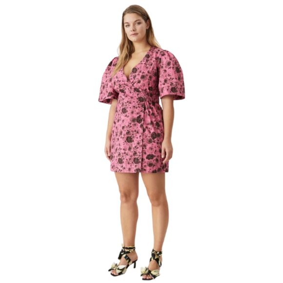 Ganni Women's Size 12 Wrap Dress Cotton Poplin Mini Sustainable Scandi Girl Pink - Picture 1 of 16